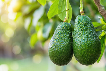 beautiful green avocado on a tree