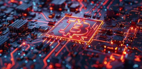 Closeup of a Bitcoin Symbol Illuminated on a Circuit Board