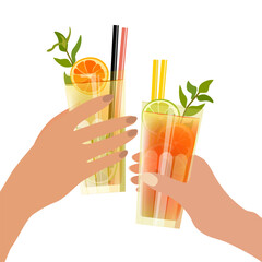 Summer cocktails in the hands of women. Women enjoy cocktails.