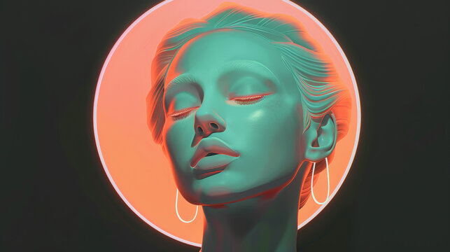 A portrait of godness with closed eyes, peach and light green light, glowing halo with flowers on black background, minimalism, artistic style illustration design