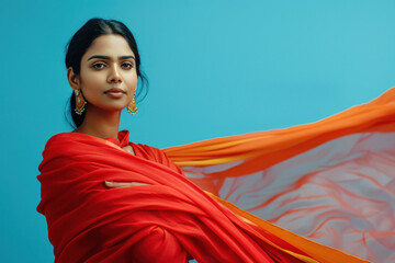 young indian woman wearing red sari on blue background
