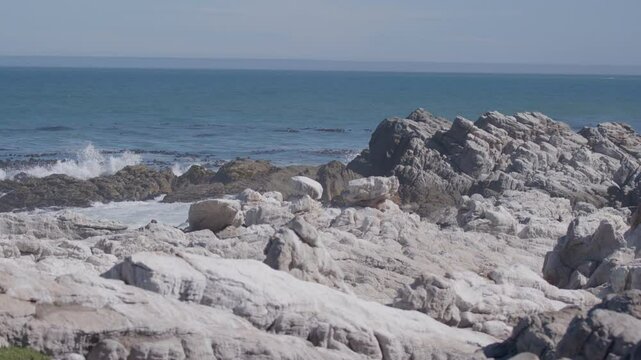 Robben Island Static Waves Crashing into Rocky Coast South Africa