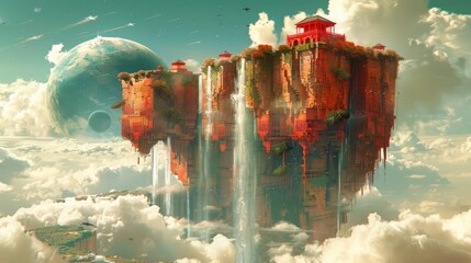  A emerald sun floating in the sky, with a mystical waterfall on it and mist below, The flying platform of the rocky cliff floats under the big planet,