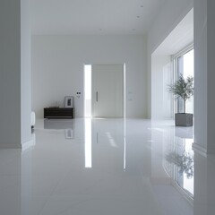 The building features a spacious white hallway adorned with many windows and doors, exuding a sense of openness and brightness in its interior design