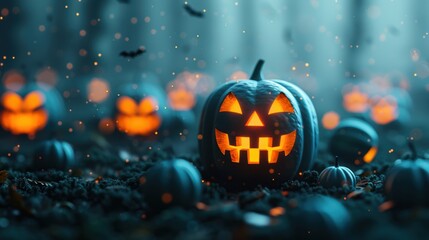 A collection of glowing jack-o'-lanterns with various facial expressions, set in a dark forest. The pumpkins and jack-o'-lanterns create a haunting Halloween scene.