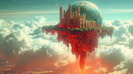  A lime planet floating in the sky, with a futuristic tower on it and stars below, The flying platform of the steel structure floats under the big planet,