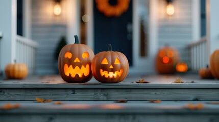 Fototapeta premium A trio of glowing jack-o'-lanterns placed on a porch, their faces lit up against the night. The pumpkins and jack-o'-lanterns bring a festive Halloween feel to the scene.