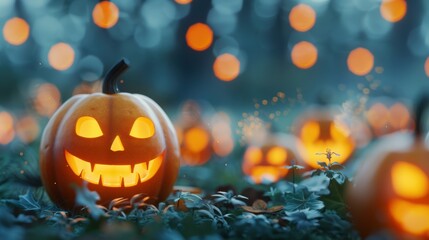 Naklejka premium A spooky arrangement of glowing jack-o'-lanterns in a garden, their faces illuminated in the darkness. The pumpkins and jack-o'-lanterns set the perfect Halloween scene.