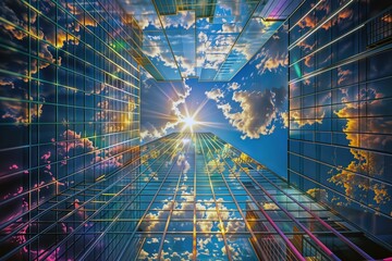 Skyward Reflections. Upward view of glass skyscrapers reflecting a dramatic sky with sunburst and clouds, creating a symmetrical architectural pattern.