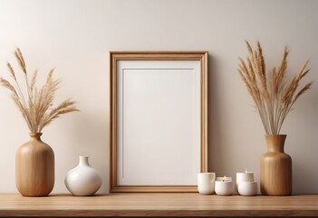 Mock up frame in home interior background, white room with natural wooden table and decor, 3d render