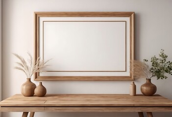 Mock up frame in home interior background, white room with natural wooden table and decor, 3d render