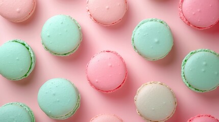 Obraz premium Colorful macaroons in a row on color background,french macaroons,Pastry, bakery and branding concept,copy space.