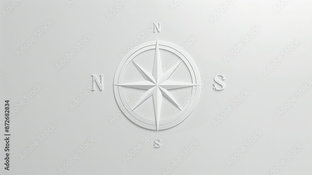 Poster a simple white compass rose on a plain white background. ideal for navigation apps and travel servic