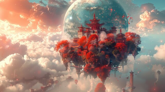  A teal planet floating in the sky, with a futuristic base on it and stars below, The flying platform of the glass dome floats under the big planet,