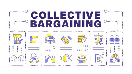 Collective bargaining word concept isolated on white. Employee association, income regulation. Creative illustration banner surrounded by editable line colorful icons. Hubot Sans font used