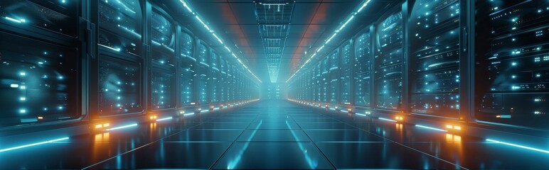 Server Room With Blue and Orange Lights Illuminated