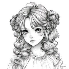A detailed pencil drawing of a young woman with long wavy hair, floral accents, and a thoughtful expression
