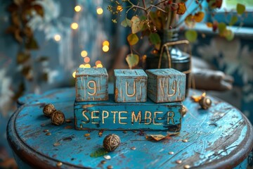 Rustic Wooden Calendar Displaying September 9th on a Blue Table