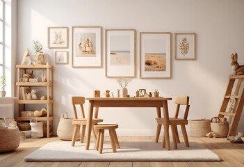 Mock up frame in home interior background, white room with natural wooden table and decor, 3d render