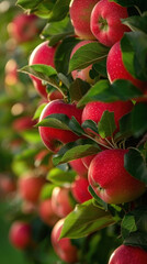 Obraz premium closeup of red apples hanging on the tree