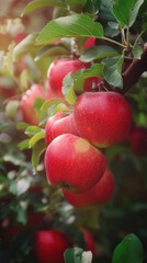 closeup of red apples hanging on the tree