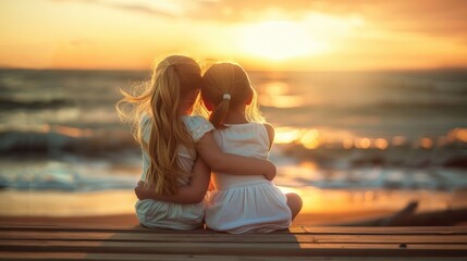 Two little girl friends sat on a bridge facing the back of the beach while embracing looking at the evening sun which was about to set towards the beach, a symbol of true friendship