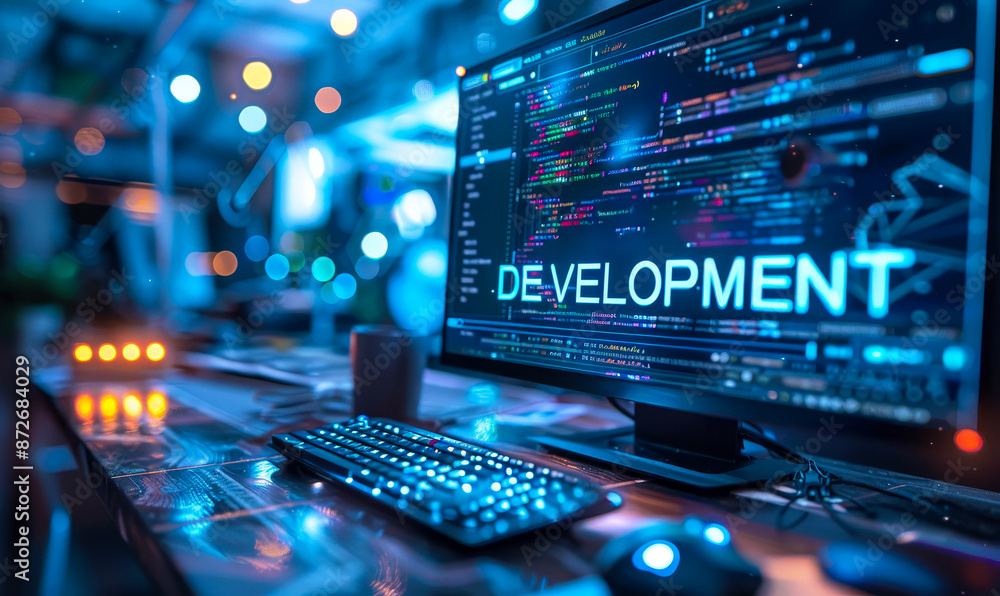 Poster agile software development concept at night with code on screen and glowing keyboard in modern offic