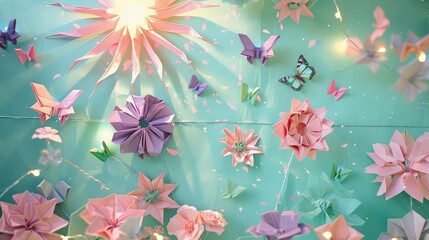 Obraz premium A whimsical origami display of pink and purple flowers with green butterflies, under a large origami sun, set against a pastel mint background. Fairy lights enhance the magical feel. 