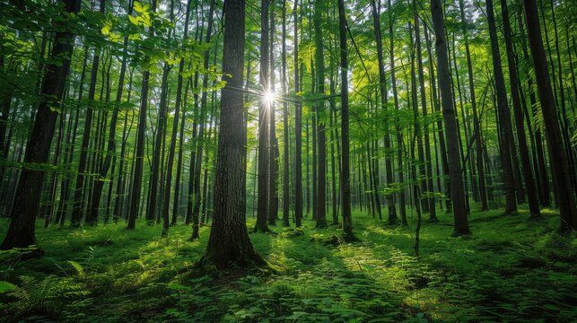 Towering trees in lush woodland