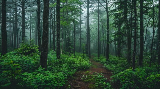 Towering trees in lush woodland