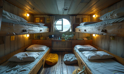 Cozy Wooden Hostel Dormitory with Bunk Beds and Natural Light, Warm Evening Mood, Comfortable Shared Accommodation for Travelers