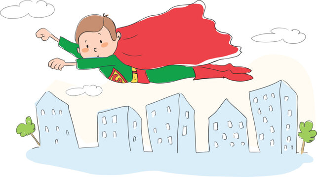 Super boy flying over the city.