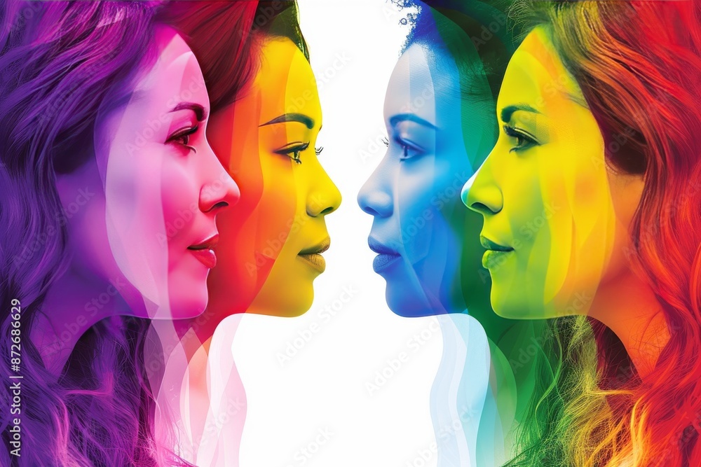 Poster abstract digital art of colorful profiles blending together symbolizing connection and diversity hig