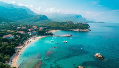 Naklejka premium Stunning aerial shot of a beautiful European village, in a small island, scenic landscape view, sunny day, wide-angle lens