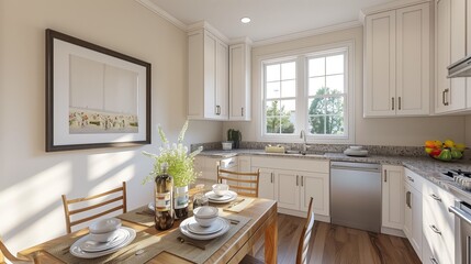 Fototapeta premium frame mockup, Bright and cozy kitchen with modern appliances, wooden dining table, and natural light from large windows. Elegant interior design.
