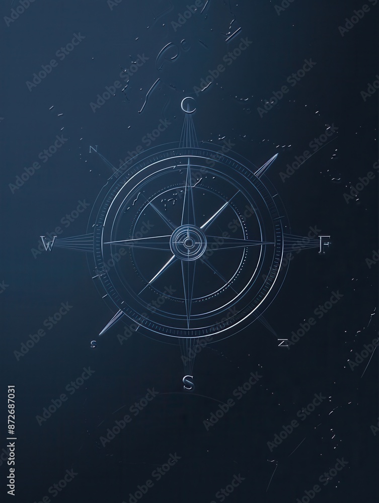 Poster minimalist compass illustration on dark blue bg for navigation apps or travel services. great for pr