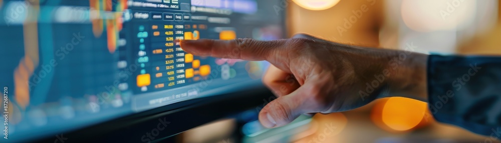 Poster person pointing at a stock market data screen with financial charts and graphs in a modern trading e