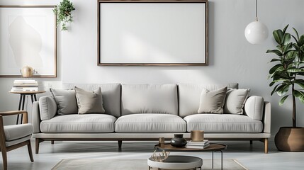 frame mockup, Modern living room with stylish grey sofa, minimalistic decor, green plant, and framed blank picture on the wall, interior design.