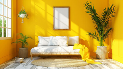 Bright living room with yellow wall, white sofa, and large window.