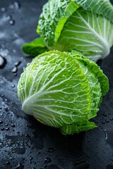 Fototapeta premium Experience the vibrant beauty of fresh Chinese cabbage, garnished with sparkling water drops, highlighting its crisp texture and natural freshness.