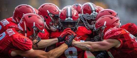 Teenage boy high school football team connecting hands in huddle