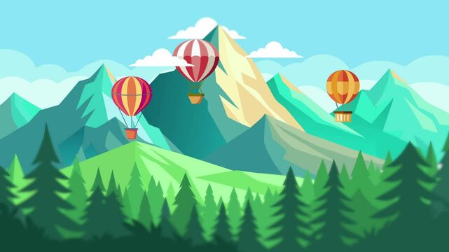 Hot air balloons over mountains with clear sky background. Vector polygon 2D video loop animation enjoyment.
