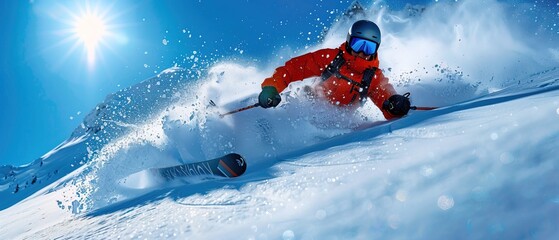 Skier carving down a powdery slope against a clear blue sky 