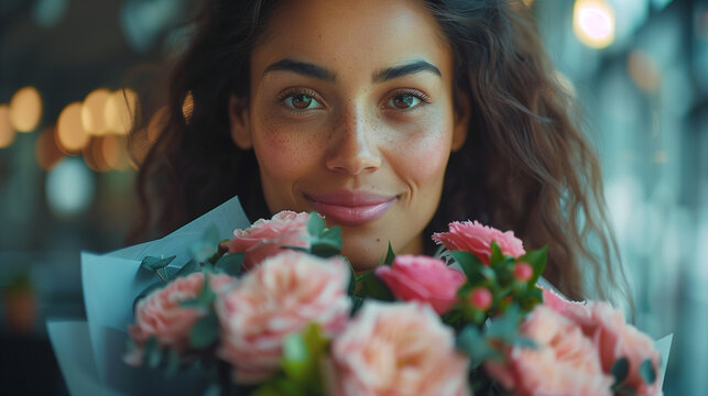 Close-up of woman receiving flowers at her workplace, symbolizing appreciation and recognition on International Women's Day, with a professional office background.

