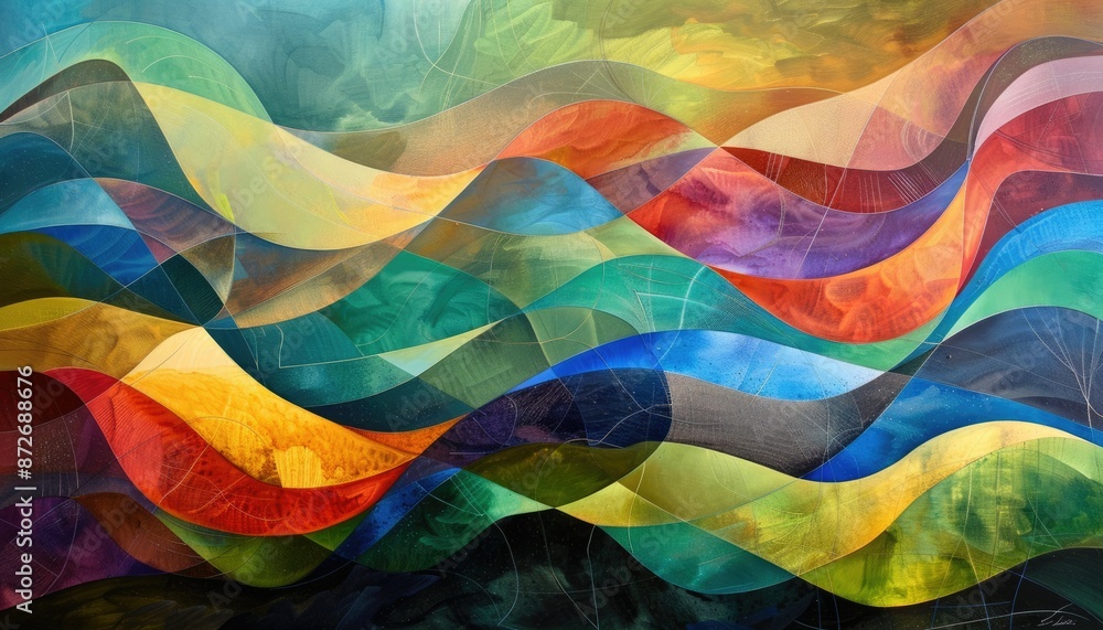 Poster vibrant abstract artwork featuring undulating wavy lines in gradient colors over a textured backgrou