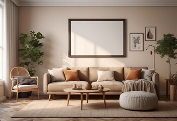 Frame mockup, ISO A paper size. Living room poster mockup. Interior mockup with house white background. Modern interior design. 3D render