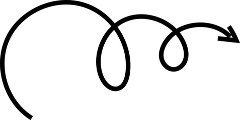 Spiral arrow doodle, wavy twist minimal squiggly line set. Curve comic turn way direction. Playful quirky simple free hand element