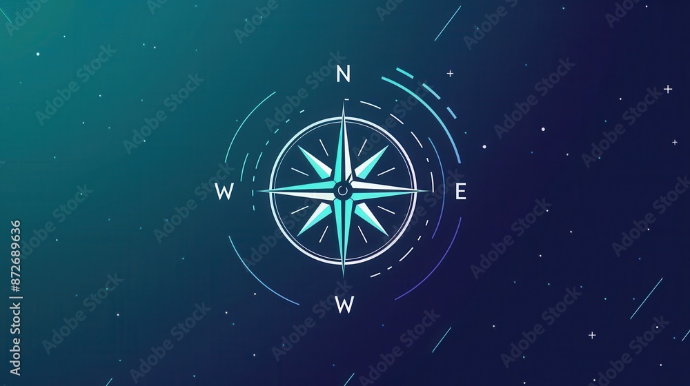 Poster a simple, minimalist illustration of a compass with clean lines on a dark blue background with white
