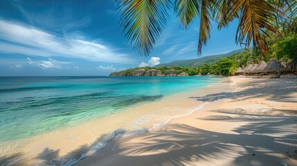 Beautiful beach with palms and turquoise sea in Jamaica island.