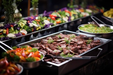 Catering buffet food indoor in restaurant with grilled meat.